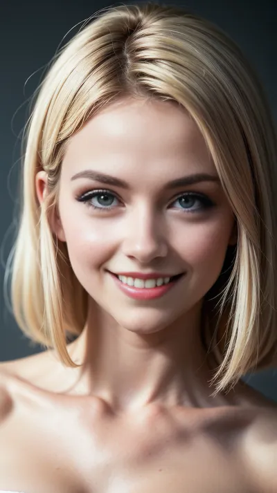 艺术家创作了一幅超现实主义的肖像画,描绘一个长长的头发和甜美的微笑的女孩. 她的脸颊有明显的凹陷,嘴唇满满,眼睫毛厚. 她的皮肤光滑 奶油, 让她看起来像她只是