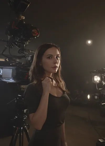 A woman stood in front of the cameras, her ultra realistic 8k resolution and fully covered body making her appear even more lifelike. Her bright studio lighting made her appear even more lifelike, adding to the overall effect of this surreal scene