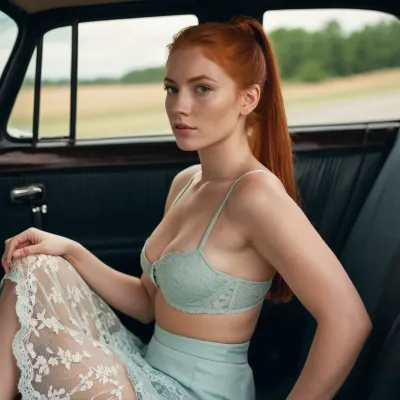 Une rouquine ennuyeuse dans une voiture aux longs cheveux ondulés et un soutien-gorge laceux séduisant m'a fait signe