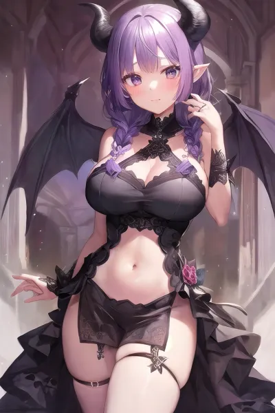 Una ragazza con capelli viola e frange ha sfogliato un sito pornografico quando ha inciampato su una foto di un succubus con due trecce, occhi viola, e vestito arruffato nero. Non poteva fare a meno di immaginarsi come la