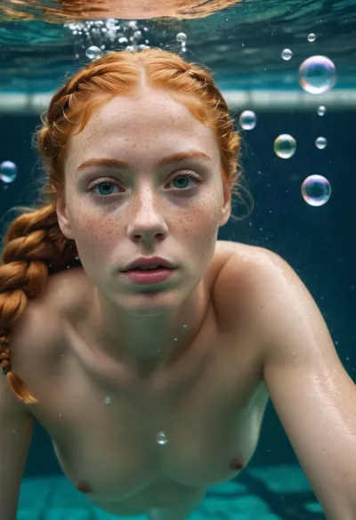 Nude Dutch, 18-years-old, ginger braided hair, freckles, woman diving and swimming under water, bubbles