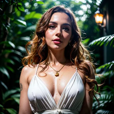 La mujer en la foto está usando un retrato rojo, lleno con textura de piel detallada y un traje impresionante. Está mirando hacia el cielo con sus manos sobre sus caderas, como si estuviera perdida en el pensamiento. La iluminación es éter