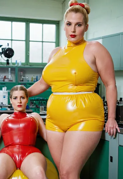 laboratory rubber bitch, laboratory bitch in rubber shorts, tube made of rubber shorts, FAT OLDER WOMAN HAS HER SKIRT UP AND FUCKED, NaughtyPostcard, inflatable, sexdoll, cheap, oface, JaneWaifu, yellow, dress, single, hair, bun, tank, top, red, skirt, <lora:Tentacles_RELOADED:.5>, <lora:NaughtyPostcard:.5>, <lora:220437_training_data:.5>