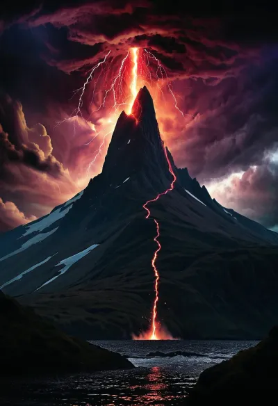 a dark fantasy tower, situated at the peak of a steep mountain, surrounded by rivers and lakes of boiling magma, silhouetted against a stormy sky, with clouds of dark red, purple and dark blue swirling round a black hole, forks of lightning striking down. High Detail, Perfect Composition, fantasy art poster image, red, purple and dark blue themes, interesting backlighting, high contrast, <lora:add-detail-xl:.5>