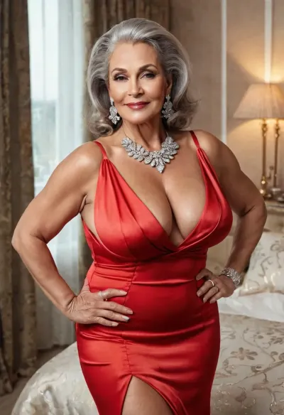 60岁的俄罗斯女性腰线大,臀部丰满,被描绘在一个豪华的房间,周围是奢侈品. 她的脖子很大,大腿厚,臀部大. 她的脸被晒黑了 头发被晒黑了