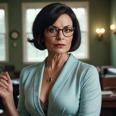 professor, MILF, aged in 40s, teaching feminism, glasses, dark hair, Bob cut, hair ornament, full body, <lora:bimboxl_02:.05>