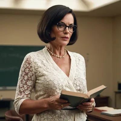 professor, MILF, aged in 40s, teaching feminism, glasses, dark hair, Bob cut, hair ornament, full body, <lora:bimboxl_02:.2>