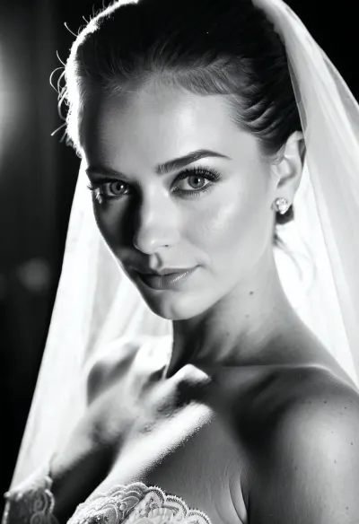 AI, parlak yeşil gözlerle bir düğün elbise giyen bir kadının çarpıcı bir fotoğrafını, ince saç stili ve mükemmel deri dokusu yarattı. Aydınlatma düz ve profesyoneldi, mükemmel bir şekilde oluşturulmuş yüz özellikleri ve zarif bir atmosfer ile