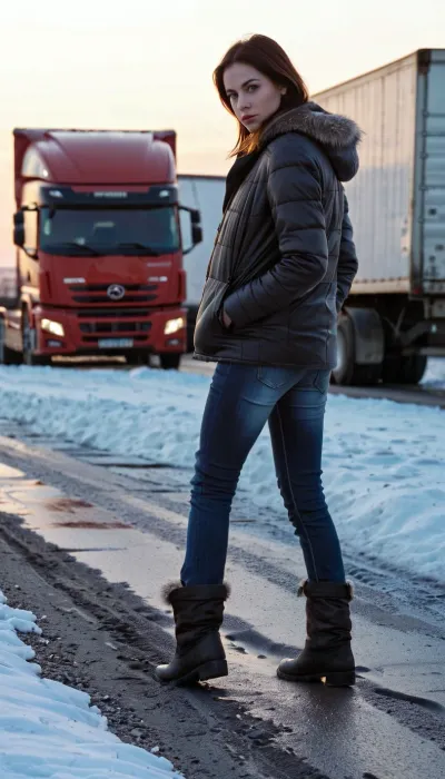 A 45-year-old Russian whore stood on the side of the highway, her face covered in mud and slush. She was dressed in a dirty, ripped t-shirt and jeans that were stained with dirt and mud. Despite the cold