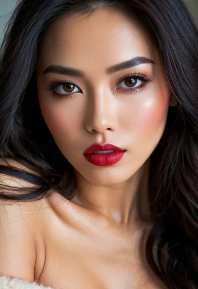 美しいアジアの女性は、写真の撮影のためにポーズ, bu pubeと長い黒い髪を着ています. 唇が完全に赤くなりながら、カメラで完璧な目が現れました。 彼女は彼女の顔に親切な表情で視聴者に耳を傾け、