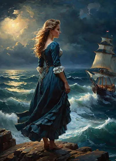 Das Mädchen im zerstreuten und zerrissenen mittelalterlichen Kleid stand auf der hohen Klippe über dem Meer, Blick auf das Meer. Sie starrte ein sinkendes Schiff am rechten Teil des Rahmens an. Der Wind weinte und gale Kraftwinde