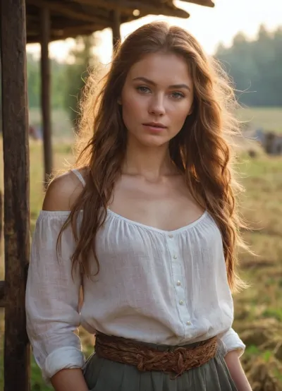 A Russian peasant girl stands in front of the camera, her long chestnut hair cascading down her back. Her skin is smooth and untanned, with a subtle depth of field that highlights her feminine curves. She wears a simple peasant shirt and skirt