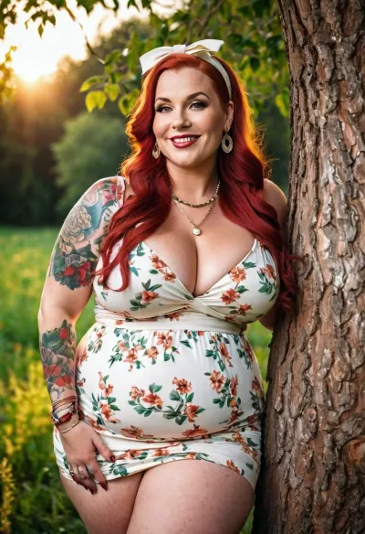 一个40岁的女子,臀部大圆,大腿厚,腰线高,正在公园的一棵树下摆姿势. 她的手臂和颈部都有纹身 她的头发很柔软