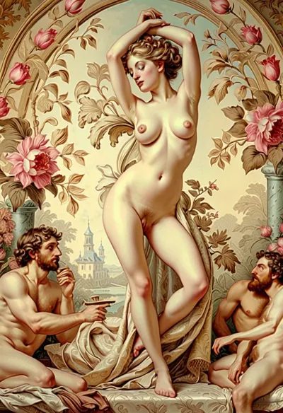 In a luxurious mansion, the opulent rooms were adorned with pastel tones and intricate detail, depicting an erotic scene from the 19th century erotic art movement. The walls were adorned with exquisite detail, depicting a scene from a far