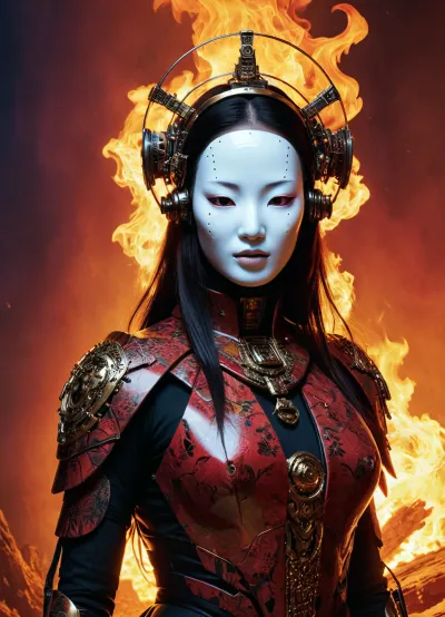 Die KI generierte ein Bild von einem Gesicht Cyborg Geisha mit einem Robo Gesicht Cyborg Geisha als weibliche Android, Geisha, komplexe chaotische Meereslandschaft rot brennen Licht geheimnisvolle Silhouette von Phönix, fung-hwang, UV