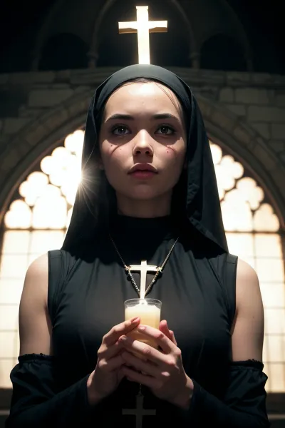 La chica de la imagen lleva un fondo negro con un collar de cruz y sostiene un crucifijo. Tiene pelo largo, cara hermosa y cuerpo perfecto. Su cuerpo completo es visible, y ella tiene exorcista escrito en su frente