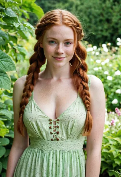 A woman with long braids, freckles on her face, and a perfect figure tended to her garden in the sun. Her neckline was low, revealing her cleavage, and she wore a sundress that hugged her curves perfectly. She watched