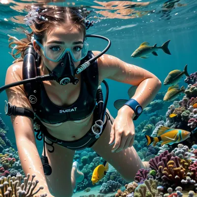 La chica con el pelo de jengibre atlético y maquillaje, estaba nadando hacia los peces en el océano profundo. Estaba llorando porque había arruinado su maquillaje. Mientras ella cambiaba más cerca del pez, ella tomó una foto de ellos con su smartphone. El