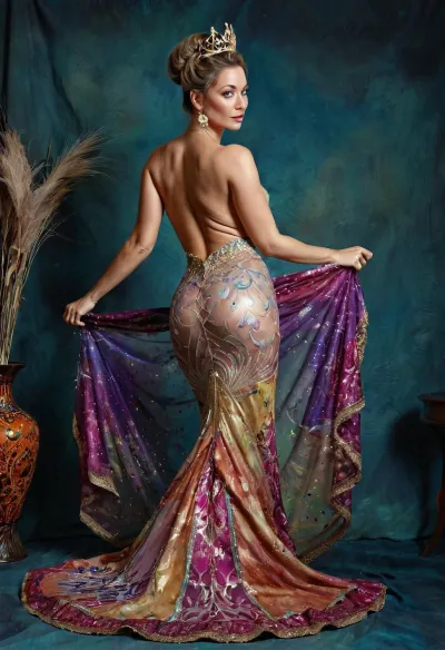 The woman in the transparent, ornate dress is a vision of beauty and grace. Her body is adorned with intricate digital painting that showcases her perfect curves and tall stature. Her hair cascades down her back in a shimmering wave