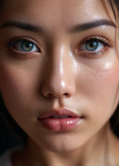 The girl was beautiful with her short hair and cute face. She had big eyes that sparkled in the light, and full lips that begged to be kissed. Her wet lips were just begging to be kissed, and her detailed eyes were staring straight