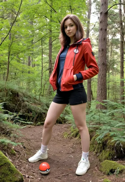 A completely original digital painting of a beautiful woman pokemon adventurer in a red jacket holding a pokeball, standing looking at the viewer in a determined way. Completely whit background. Created Using, crisp lines, animated style, forest background, sense of anticipation, bright and cheerful colors, clear skies, adventurous mood, in the art style of Ken Sugimori