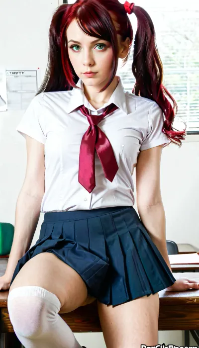 Akane Yoshizawa, un'immagine generata dall'IA ad alta risoluzione del modello giapponese che indossa una gonna nera con calzini bianchi e gonna blu, guardando lo spettatore con i capelli lunghi frangia e alta risoluzione