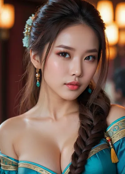 1girl, cute, chinese, close-up, perfect lips, perfect eyes, elegant hairstyle, very long hair, archer outfit, off-shoulder, big boobs