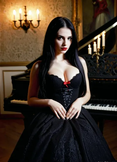 लंबे बालों और लाल लिपस्टिक के साथ एक सुंदर महिला ने एक मंदबुद्ध कमरे में पियानो खेला, उसके गौथ पिशाच पोशाक ने अपने रहस्यमय आभा को जोड़ा