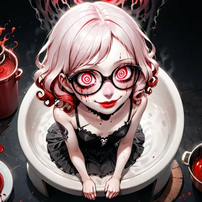 Ein Mädchen mit roten lockigen Haaren und einem schwarzen Dessous Set saß allein in ihrer Küche, trug eine schwarze Dessous-Set und Gläser. Sie hatte mittlere Titten und einen zierlichen Rahmen, aber sie hatte keine Angst, ihre Tattoos zu zeigen