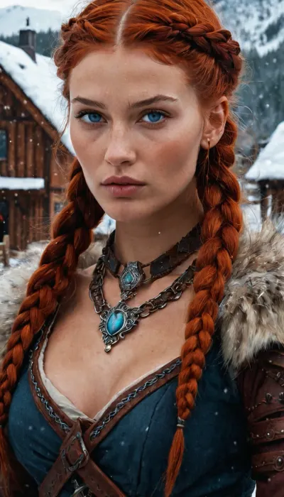 Eine wilde Wikinger-Krieger-Made mit einem einzigartigen Stil und Eigenschaften inspiriert von den einzigartigen Merkmalen einer Sasha Luss und Bella Hadid Mischung, stand fest im Zentrum eines rustikalen Dorfes mit schneebedeckten Landschaften bietet einen starken Kontrast. Ihre blauen Augen
