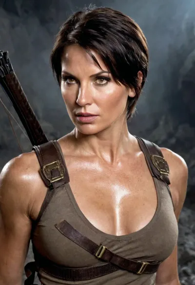 fit mature woman with very short dark hair wearing in Lara Croft outfit, Lara, Croft, <lora:lara_croft_xl_v2:.5>