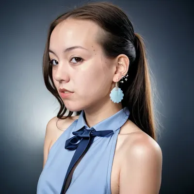 glam, (beauty photo:1.1), headshot of a simple modern female, AmaiLiu, in a dark theme, (simple dark glowing background:1.1), (loose messy half updo:1.1), detailed hair strands, detailed hairline, detailed skin tone, detailed skin complexion, (neckline romantic two toned light Blue and Navy Blue Spanish summer dress:1.3), (with Intricate neck tie straps:1.1), hair ties, (bell earrings:1.1), (epic skin details:1.3), detailed lips, detailed eyes, detailed pupils, detailed mouth, caustics, reflections, subsurface scattering, amazing fine detail, Nikon D850 film stock photograph Kodak Portra 400 camera f1.6 lens, rich colors, lifelike texture, dramatic lighting, dynamic composition, unreal engine, trending on ArtStation, cinestill 800 tungsten, in the style of David Hamilton photography, (plunging neckline:-1), (parted lips:-1), <lora:AmaiLiu_v1.0:1>, <lora:epiCRealismHelper:1>