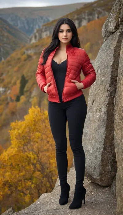 Resimdeki kadın siyah bir ceket giyiyor ve bir uçurumun önünde duruyor, tam uzunlukta saçlarla ve ciddi bir ifade ile kameraya bakıyor