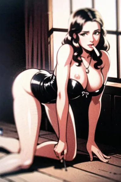 Resimdeki kadın, korset, stoklamalar ve yüksek topuklular dahil olmak üzere klasik bir siyah ve kırmızı BDSM kıyafeti giyiyor. Saçları başının üstünde bir otobüste dekore edilir. Tam dudakları ve büyük gözleri var