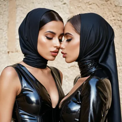 Dos mujeres, una que lleva un secuestrador de látex negro y la otra en un beso sexy, se besan apasionadamente. Sus caras perfectas están iluminadas por el brillo suave de sus teléfonos inteligentes mientras toman turnos tomando fotos unos de otros. Están perdidos