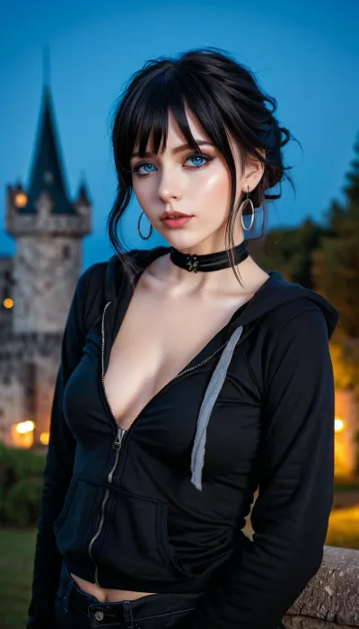 Die KI generierte ein Bild eines Mädchens mit hohem Detail, Blick auf den Betrachter mit blauen Augen und langen Wimpern. Sie hat mittellange schwarze Haare mit blauen Highlights, vollen Lippen und eine schlanke Figur. Sie trägt ein viktorianisches Ära Outfit