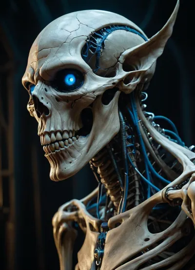 Цифровая картина художника изображает чудовищное, скелетное лицо с вытянутыми ушами, острыми голубыми светящимися глазами и глубоко посаженными механическими светящимися зубами. Детали замысловаты и переносят читателя в мир этого загадочного персонажа