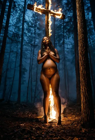 A pregnant black woman is tied up on the floor in chains and screaming, while a burning cross looms over her. She is completely naked and has KKK tattoos all over her body
