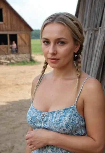Beautiful sweet tender Russian mommy 45 years old in the hayloft, curvy body, round face, blond braids, scared face, sexy village clothesmature skin, highly detailed, insanely beautiful and innocent face, tanned skin, looking away, full body visible, detailed face, 8K quality, high quality, photorealistic, <lora:Hooked_nose-000009:.5>, <lora:skirtLift:.5>