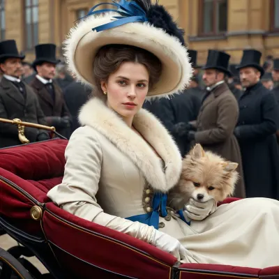 画中的女人被描绘成一个富有的贵族,穿着豪华的服装,骑着一辆露天的马车