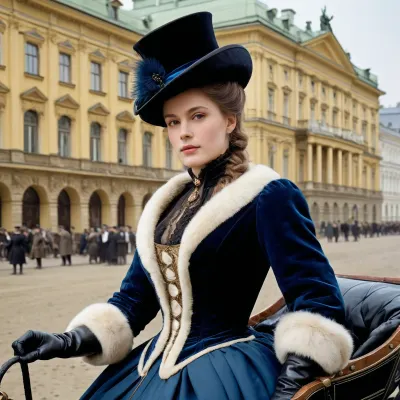 The woman in the painting is wearing a "Francis" hat, which was a popular style of hat in the 1880s. She is wearing a velvet hat with feathers, which adds to her regal appearance. Her outfit, including the