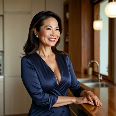 Una donna asiatica di 45 anni in un appartamento, con mani e denti perfetti, indossando un vestito da casalinga, sorridendo con le dita