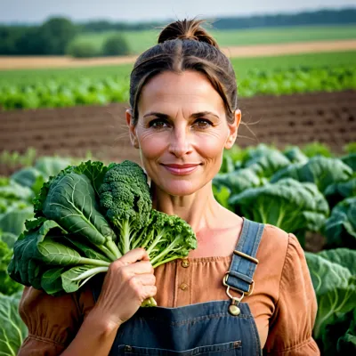 La moglie dell'agricoltore, 40 anni, con una faccia piena di occhi marroni e una coda di cavallo, indossava l'abbigliamento dell'agricoltore. Aveva mani perfette e dita perfettamente sagomate. Stava sorridendo mentre stava in un campo di verdure verdi