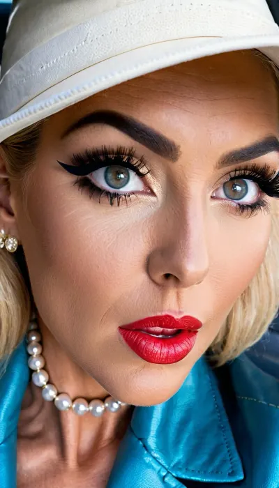 Una mujer ucraniana de 45 años con pestañas largas y cejas perfectamente formadas estaba tomando un selfie en el coche, capturando su belleza en toda su gloria. Su maquillaje era natural y tenía altas líneas de bronceado en sus mejillas. Su masculento brillante