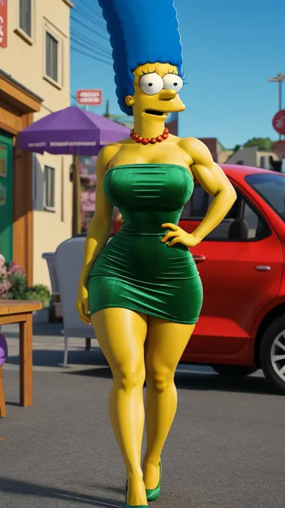 A stunning AI-generated picture of a woman with a beautiful smile and full body view wearing a green velvet dress and yellow skin. She has proportional head and body, muscular woman-1000, even eyes, and red necklace