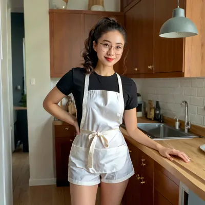 Una giovane donna bruna con un telaio petite e corpo snello è stato catturato fuori di guardia quando ha visto l'immagine generata dall'intelligenza artificiale del suo stare dentro la sua cucina. Indossava un grembiule, gli occhiali e una coda di cavallo, ma la sua faccia era catturata