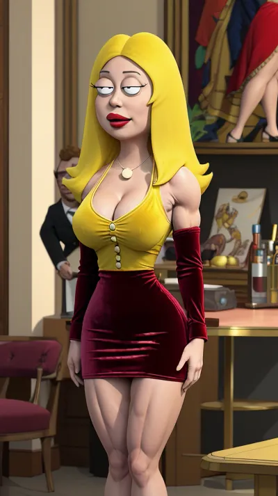 Francine Smith, a beautiful woman with full body view, beautiful eyes, and proportional head and body in velvet buttoned shirt and velvet dress. She is wearing a necklace made of real diamonds that sparkle in the light. Her lipstick