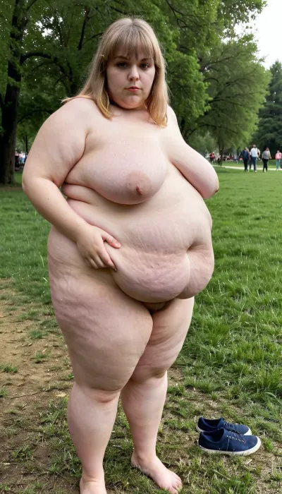 A masterpiece, high resolution, maximum detail, respect for all proportions. Morning, natural light, Very beautiful, fat elderly granny, obese blonde granny, round beautiful face, very bright makeup, straight bangs, huge saggy, dangling tits, loose sagging, cellulite belly, thick thighs in stretch marks, very wide, swollen hips, hairy crotch, hairy pubis, hairy belly, barefoot she walks in the park, shoes in her hands, a lot of people admire her, megachubsdxl, morbidly, obese, <lora:220437_training_data:.5>, <lora:megachubsdxl_13:.5>