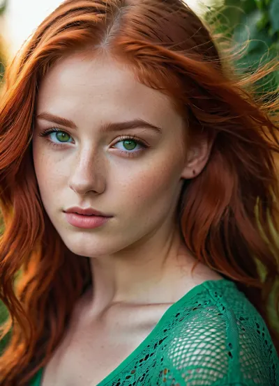 RAW photo, portrait, professional, simple background, gorgeous sexy 18 year old girl with red hair and green eyes, 8k uhd, dslr, soft light, high quality, film grain, Fujifilm XT3
