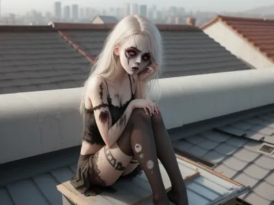 女孩坐在屋顶边上 她的破袜子几乎遮住她的瘦腿 她有件破旧的紧身衣 和一件破旧的衬衫 上面很薄 它暴露了她的骨骼肩膀 她的化妆被涂了,她有